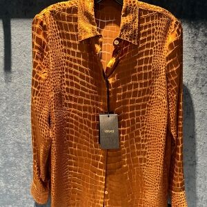 Versace Orange Croc-Embossed Button Down Shirt